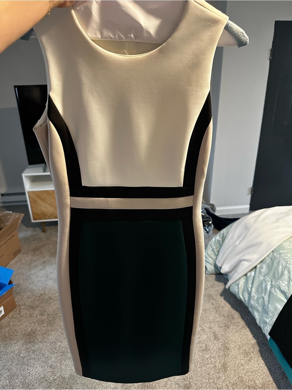 Sleeveless Colorblock Sheath Dress in Cream, Black and Dark Green